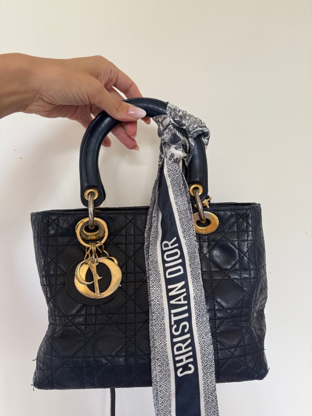 VINTAGE 1997 Dior Navy-Black Quilted Leather Lady Tote with Gold Hardware